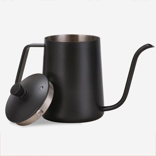  TAMUME 350ML Black Teflon Coating 5mm Gooseneck Spout Drip Pot with Lid for Coffee Service Stainless Steel Drip Tea Kettle for Drip Coffee (350ml)