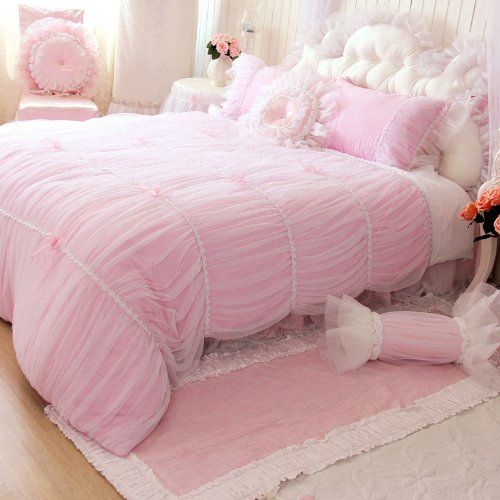  Girls bedding Sisbay Fancy Girls Bedding Set Pink,Luxury Princess Ruffle Duvet Cover,Lace Korean Wedding Bed Skirt King Size,4pcs