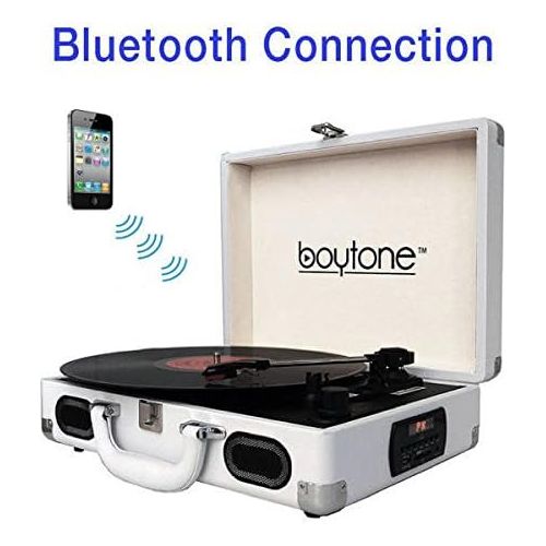 보이톤 Boytone BT-101BL Bluetooth Turntable Briefcase Record Player AC-DC, Built in Rechargeable Battery, 2 Stereo Speakers 3-Speed, LCD Display, FM Radio, USBSD,RCA, AUX  MP3, Encoding