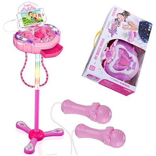  [아마존베스트]Anpro Kids Karaoke Machine with 2 Microphones & Adjustable Stand, Microphone Music Toy Play Set Music Player Best Birthday Gift for Kids