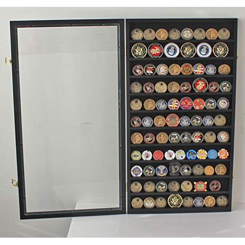  DisplayGifts LARGE 108 Challenge CoinCasino Chip Display Case Holder Rack Cabinet, Glass door (Black Finish)