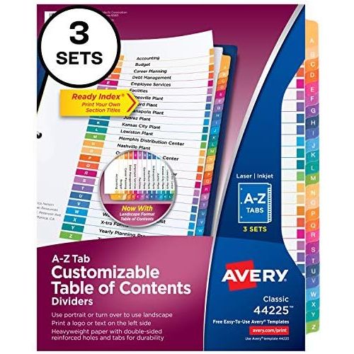  Avery A-Z Tab Dividers for 3 Ring Binders, Customizable Table of Contents, Multicolor Tabs, 3 Sets (44225)