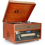 [아마존베스트]1byone Nostalgic Wooden Turntable Wireless Vinyl Record Player with AM, FM, CD, MP3 Recording to USB, AUX Input for Smartphone and Tablets, RCA Output