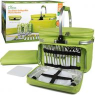 Deco Foldable Insulated Picnic Basket, w Plates, Glasses & Flatware - Keeps Food Cold or Warm for Hours - Full Sized Set Folds Down to 5 Inches