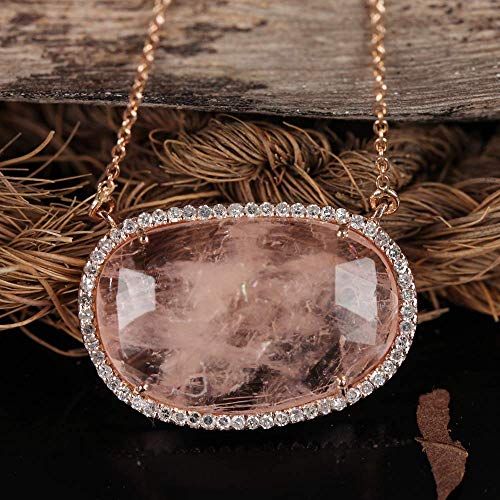  AnjisTouch Genuine 9.68 Ct. Morganite Gemstone Charm Pendant Solid 14k Rose Gold Pave Diamond Wedding Necklace Handmade Fine Jewelry Gift For Her