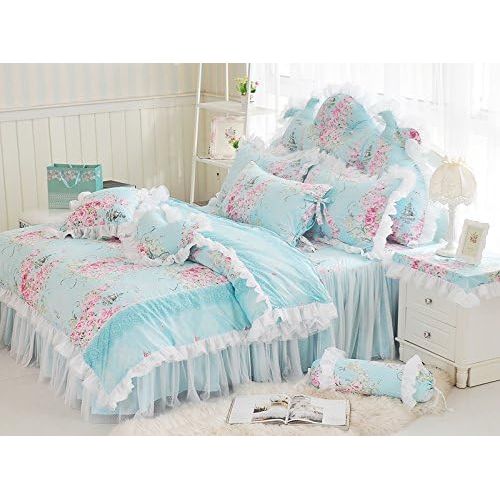  LELVA Romantic Rose Flower Print Bedding for Girls Floral Bed Skirt Set 4 Piece Princess Lace Ruffle Duvet Cover Set Full Blue