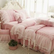 Brand: ABREEZE ABREEZE 100% Cotton 4-Piece Pink Bedding Set Girls Fairy Bedskirts Ruffle Lace Princess Duvet Cover Set Full Size