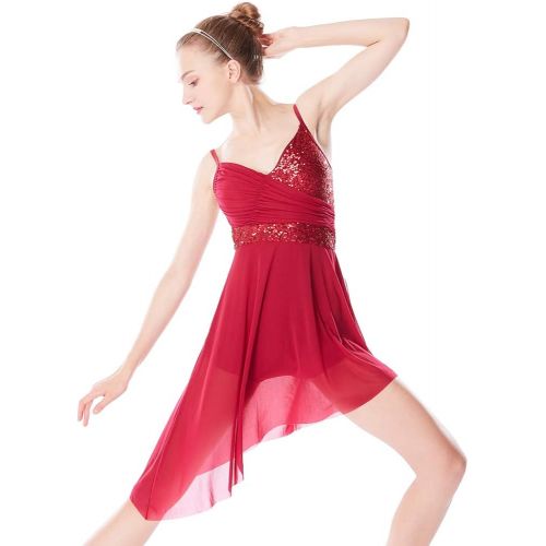  MiDee Latin Dance Costume V-Neck Sequined High-Low Lyrical Dress for Girls