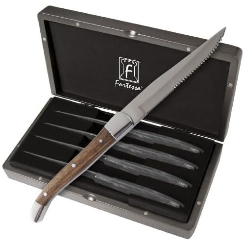  Fortessa Provencal 4-Piece Serrated Steak Knife Set with Box, 9.25-Inch, Light Wood Handle