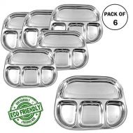 WhopperIndia Stainless Steel Dinner Plate with Four sections divided plate Mess Trays Great For Every Day Use Set of 6-13 Inch
