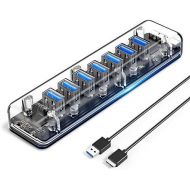 ORICO USB 3.0 Hub, 7 Ports USB3.0 Transparent Desktop HUB with Blue Indicator Light & Dual Port Power Supply
