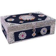 NOVICA Nickel Repousse Mango Wood Jewelry Box with Glass Accents, Antique Sophistication