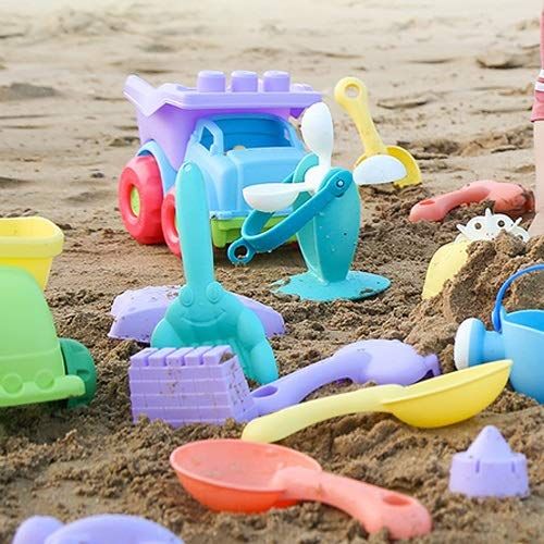  AODLK 13 PCS Soft Silicone Beach Toys for Children Sandbox Set Kit Sea Sand Bucket Rake Hourglass Water Table Play and Fun Shovel Mold Summer Easy Clean and Store
