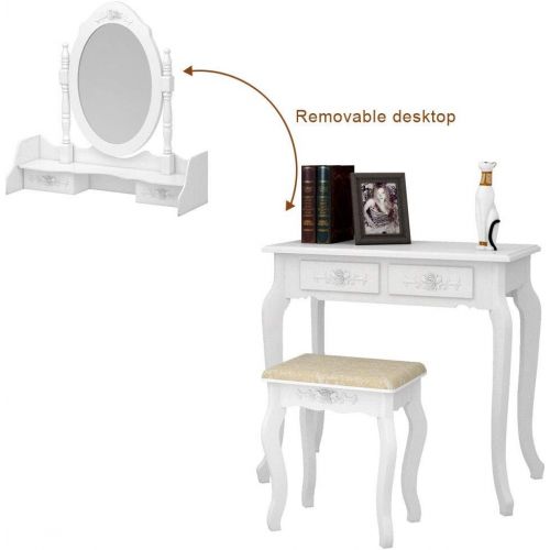  LordBee White Vanity Jewelry Drawer w/Stool Makeup Set Wood Mirror Table Led Makeup Dressing Lighted