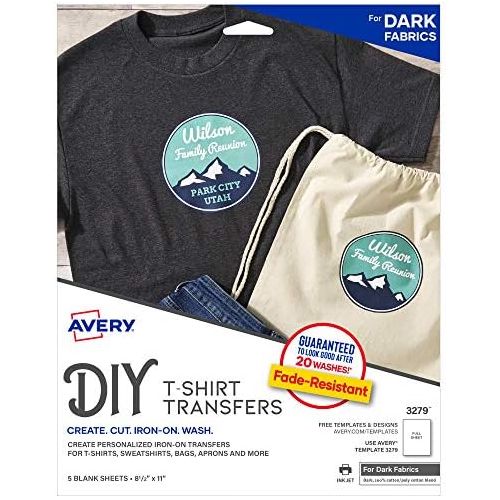  Avery Printable T-Shirt Transfers, For Use on Dark Fabrics, Inkjet Printers, 5 Paper Transfers (3279)