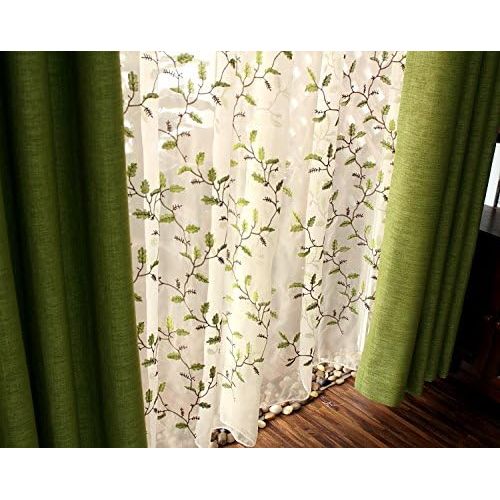  FADFAY Floral Embroidered Semi Sheer Curtains Botanical Design Elegant Green White Leaves Sheer American Country Style Room Darkening Window Curtain Panel Pair, Set of 2, 54 x 63,