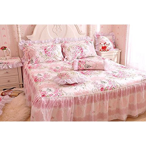  LELVA Romantic Rose Flower Print Bedding for Girls Floral Bed Skirt Set 4 Piece Princess Lace Ruffle Duvet Cover Set Twin Blue