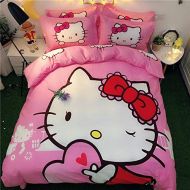 Casa 100% Cotton Kids Bedding Set Girls Hello Kitty Duvet Cover and Pillow Cases and Fitted Sheet,4 Pieces,Full