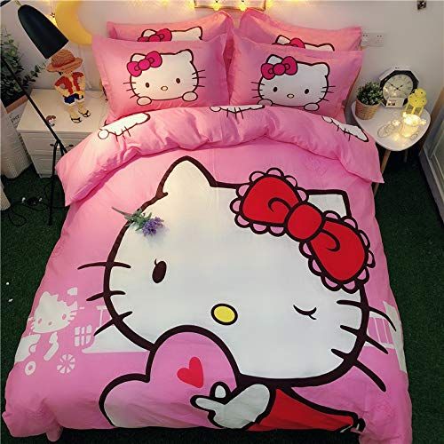  Casa 100% Cotton Kids Bedding Set Girls Hello Kitty Duvet Cover and Pillow Cases and Fitted Sheet,4 Pieces,Full