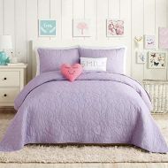 [아마존베스트]MISC 5 Piece Purple Heart Quilt Full/Queen Set Heart Bedding Girls Emboss All Over Love Smile Motif Themed Solid Color Pattern Pink White, Cotton