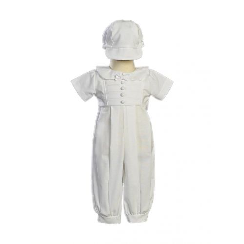  Swea Pea & Lilli White Poly Cotton Christening Baptism Romper Set with Pleated Bodice and Hat