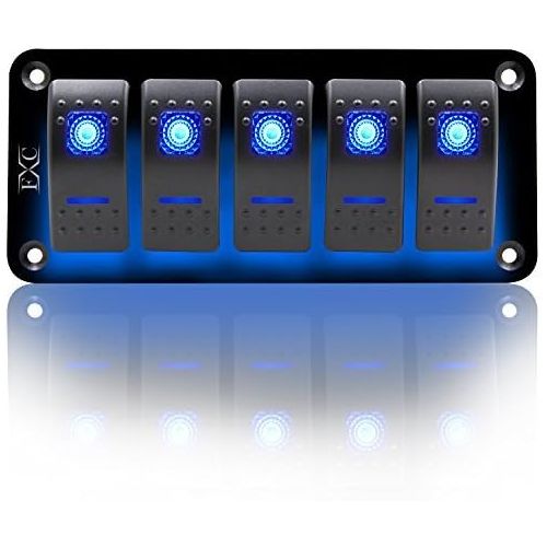  FXC Rocker Switch Aluminum Panel 5 Gang Toggle Switches Dash 5 Pin ONOff 2 LED Backlit for Boat Car Marine Blue