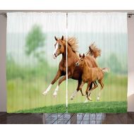 Ambesonne Horse Decor Curtains, Running Chestnut Horses Mare and Foal Meadow Scenic Summer Day Outdoors, Living Room Bedroom Window Drapes 2 Panel Set, 108 W X 63 L inches, Light B