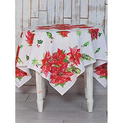  April Cornell Holiday Poinsettia Print 54 Inch Square 100% Tablecloth - Seats 4