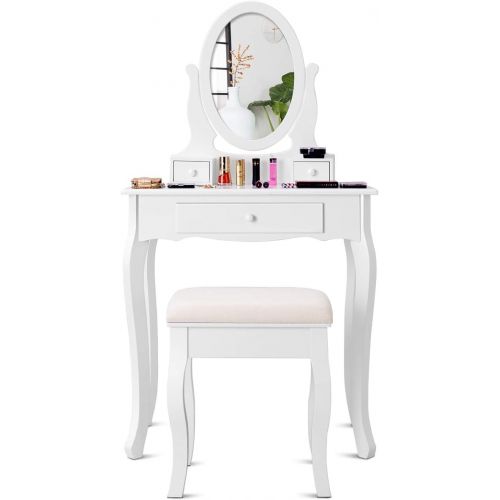 자이언텍스 Giantex Vanity Table Set 3 Drawers with Mirror, Cushioned Bench Bathroom Bedroom Wood Room Vanities Removable Top Dual Use Jewelry Makeup Dresser Desk, Dressing Tables w/Stool, Whi