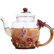 COLORFULTEA - Glass Teapots - 300 ml (10.2 oz) - Glass Teapot With Enamel Rose Flower Handle And Butterfly/Borosilicate Heat Resistant Glass Teapot/Heat-resisting Glass Teapot With