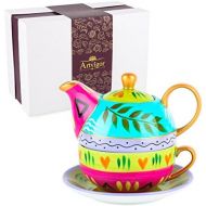 Artvigor, Tea for one Set, Porzellan Teeservice, 4-teilig, Kanne 400 ml mit Tasse 300 ml und Untertasse