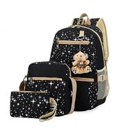 Mily 3 Pcs Galaxy Star Canvas Backpack Set School Book Bag Set Black