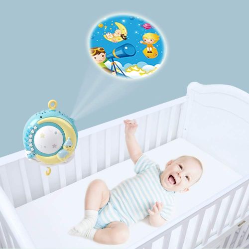  Mini Tudou Baby Musical Crib Mobile with Projection Function and Night Light,Hanging Rotating Teether Rattle and 150 Melodies Music Box with Remote Control,Toy for Newborn 0-24 Months