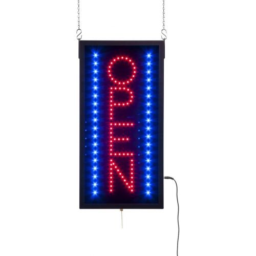  Displays2go Vertical LED Neon Business Open Sign for Windows with 3 Illumination Settings, Red and Blue Lights (LEDOPEN08)