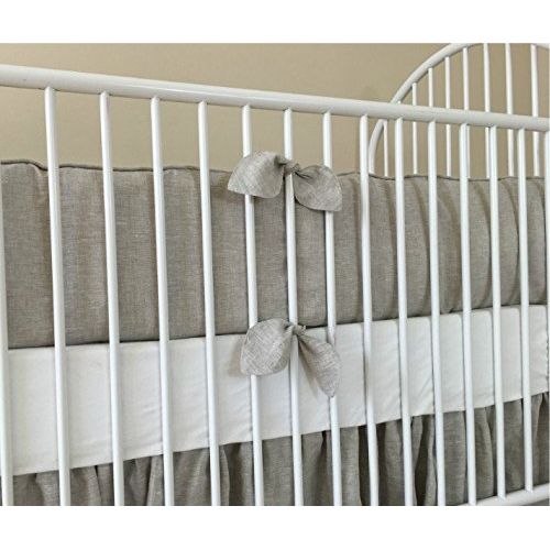 SuperiorCustomLinens Crib bumper with leaf shaped tie knot and piping edge, paired with self-ruffled crib skirt, handmade in natural linen, FREE SHIPPING