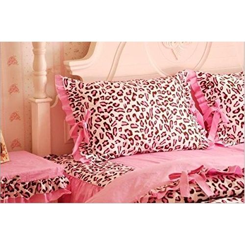  LELVA Pink Leopard Print Princess Bedding Sets, Cotton Ruffle Bedding Set, Bedding Sets Korea, Bedding for Girls, Bed Skirt Design,Twin/Full/Queen/King Size (Queen)