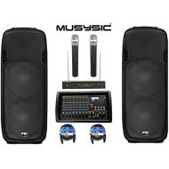 MUSYSIC Complete Professional 4500 Watts PA System 8-CH Mixer Dual 15 Speakers Wireless Mics