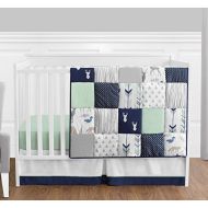 Sweet Jojo Designs Navy Blue, Mint and Grey Woodsy Deer Boys Baby Bedding 4 Piece Crib Set Without Bumper