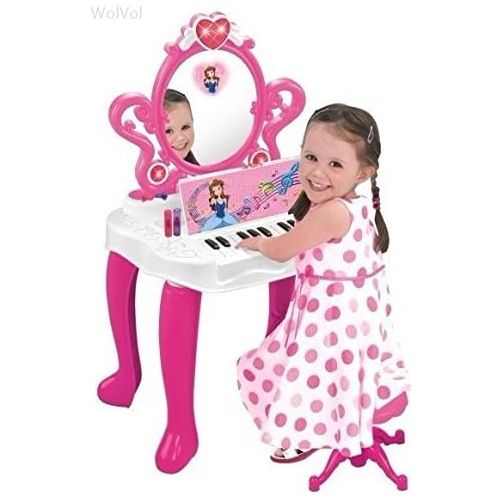  [아마존 핫딜] WolVol 2-in-1 Vanity Set Girls Toy Makeup Accessories with Working Piano & Flashing Lights, Big Mirror, Cosmetics, Working Hair Dryer - Glowing Princess Will Appear When Pressing T
