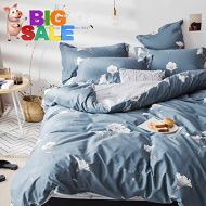 Softta Blue Floral Bedding Sets for Girls Queen 3 pcs with White Flower Printed Blue 100% Cotton (1 Duvet Cover + 2 Pillow Shams)