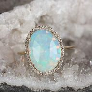 AnjisTouch Natural 2.96 Ct Opal Gemstone Cocktail Ring Solid 14k Yellow Gold Diamond Pave Unique Wedding Fine Jewelry Special Gift