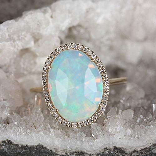  AnjisTouch Natural 2.96 Ct Opal Gemstone Cocktail Ring Solid 14k Yellow Gold Diamond Pave Unique Wedding Fine Jewelry Special Gift