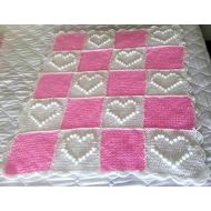 LovelyGR Crocheted Baby Blanket Hearts Acrylic Yarn White Pink Colored