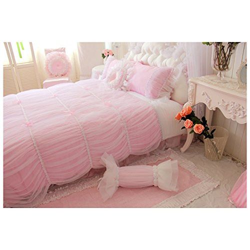  Girls bedding Sisbay Fancy Girls Bedding Set Pink,Luxury Princess Ruffle Duvet Cover,Lace Korean Wedding Bed Skirt King Size,4pcs