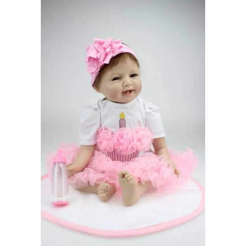  Nicery Reborn Baby Doll Soft Silicone Vinyl 22inch 55cm Magnetic Mouth Lifelike Toy Smile Princess Girl Pink Dress