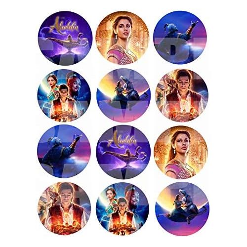  Party Over Here Aladdin Movie Stickers, Large 2.5” Round Circle DIY Stickers to Place onto Party Favor Bags, Cards, Boxes or Containers -12 pcs Alladin Princess Jasmine Jafar Genie Magic Lamp