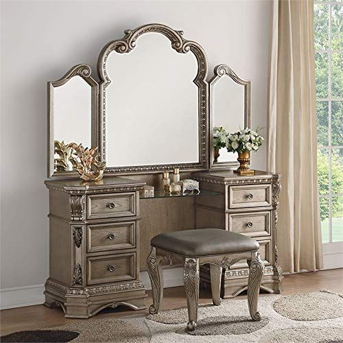  Acme Furniture Acme Northville Vanity Table with Mirror in Antique Champagne