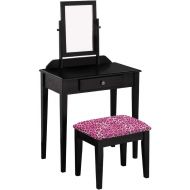 The Furniture Cove Wood Vanity Make-Up Table with Mirror in a Black Finish with Your Choice of an Animal Print Fabric Covered Bench Cushion - FREE Handheld Mirror Included (Cheetah