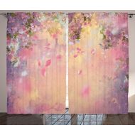 Ambesonne House Decor Curtains 2 Panel Set, Cherry Tree Blossom Cheerful Childish Fun Cartoon Art Garden in Sakura Season, Living Room Bedroom Decor, 108 W X 90 L inches, Pink Gree