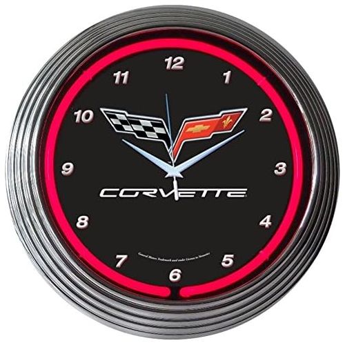  Neonetics Corvette GM C6 Genuine Electric Neon 15 Inch Wall Clock Glass Face Chrome Finish USA Warranty